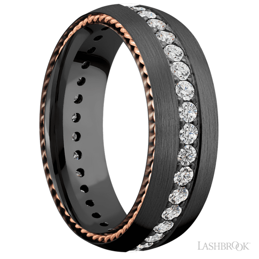 7 mm wide/Domed/Zirconium band with two 1 mm Sidebraid inlays of 14K Rose Gold and featuring an Eternity arrangement of .03 carat Round Lab Grown Diamond stones in a Bead setting