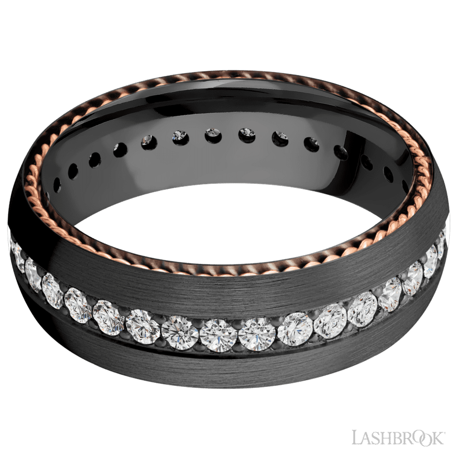 7 mm wide/Domed/Zirconium band with two 1 mm Sidebraid inlays of 14K Rose Gold and featuring an Eternity arrangement of .03 carat Round Lab Grown Diamond stones in a Bead setting