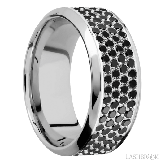 9 mm wide/High Bevel/14K White Gold band with a 4 Row Half Eternity arrangement of .015 carat Round Black Diamond stones in a Bead Channel setting.
