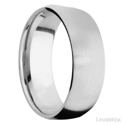 8 mm wide/Domed/14K White Gold band with two 1 mm Sidebraid inlays of 14K White Gold and featuring a 3 Row Eternity arrangement of .015 carat Round Diamond stones in a Bead Channel setting