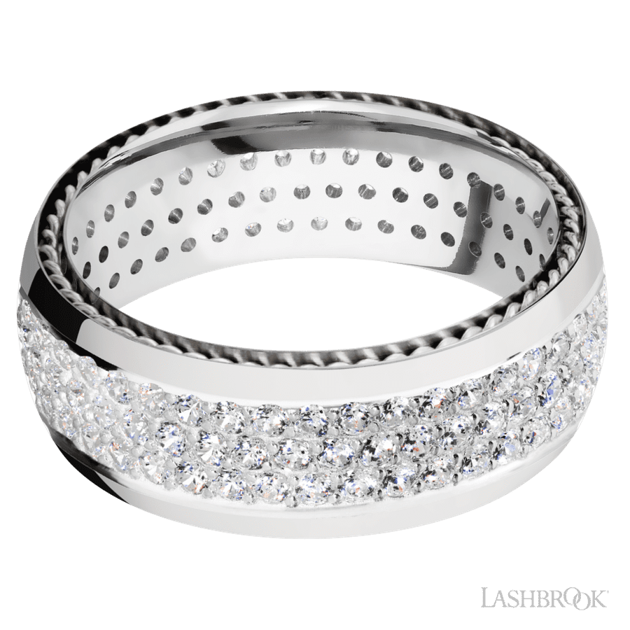 8 mm wide/Domed/14K White Gold band with two 1 mm Sidebraid inlays of 14K White Gold and featuring a 3 Row Eternity arrangement of .015 carat Round Diamond stones in a Bead Channel setting