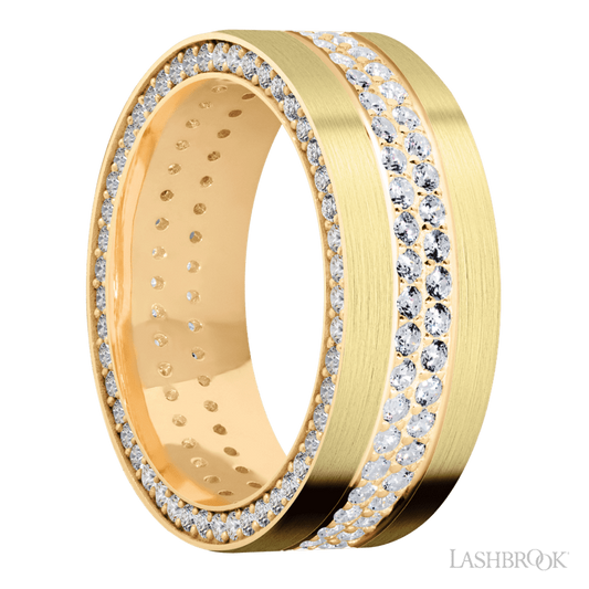 8 mm wide/Flat/14K Yellow Gold band with a Side Eternity arrangement of .01 carat Round Diamond stones in a Bead Channel setting and featuring a a 2 Row Eternity arrangement of .015 carat Round Diamond stones in a Bead Channel setting