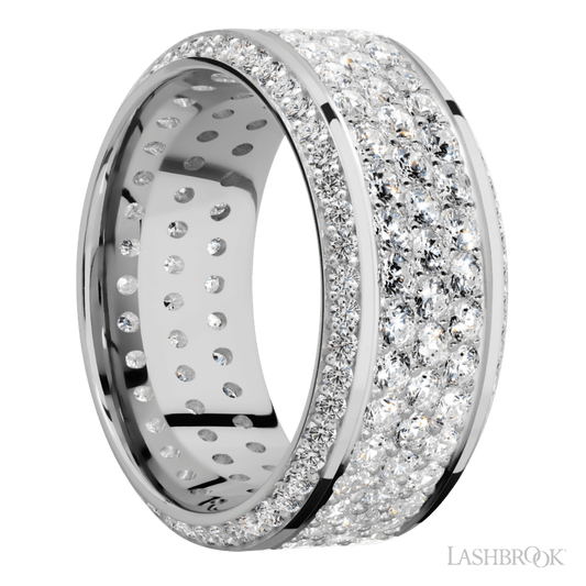 10 mm wide/High Bevel/14K White Gold band with a Bevel Eternity arrangement of .01 carat Round Diamond stones in a Bead setting and featuring a a 3 Row Eternity arrangement of .03 carat Round Diamond stones in a Bead Channel setting
