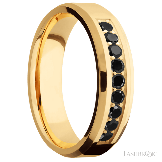 6 mm wide/Beveled/14K Yellow Gold band with an arrangement of 9, .05 carat Round Black Diamond stones in a Bead Channel setting.
