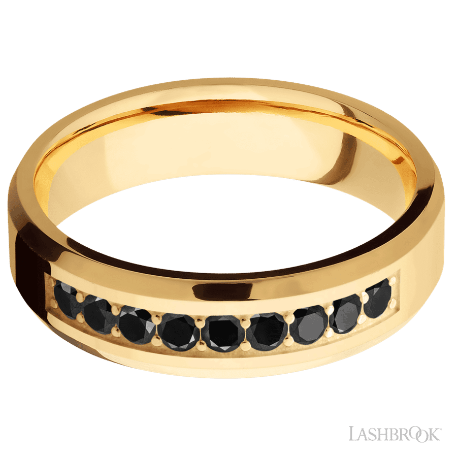 6 mm wide/Beveled/14K Yellow Gold band with an arrangement of 9, .05 carat Round Black Diamond stones in a Bead Channel setting.
