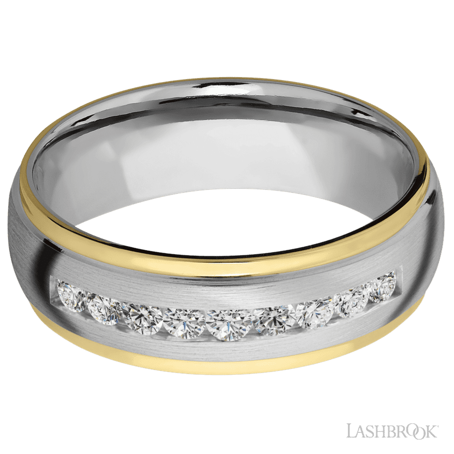 7 mm wide/Domed Stepped Down Edges/Cobalt Chrome band with two 1 mm Edge inlays of 14K Yellow Gold and featuring an arrangement of 9, .05 carat Round Diamond stones in a Channel setting