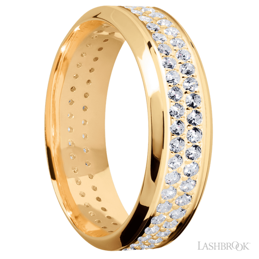 7 mm wide/High Bevel/14K Yellow Gold band with a 2 Row Eternity arrangement of .015 carat Round Diamond stones in a Bead Channel setting.