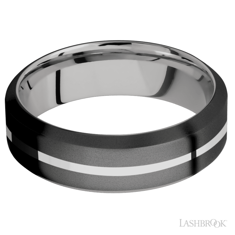 Lashbrook 7mm High Bevel Zirconium Wedding Band — Palladium Silver Inlay
