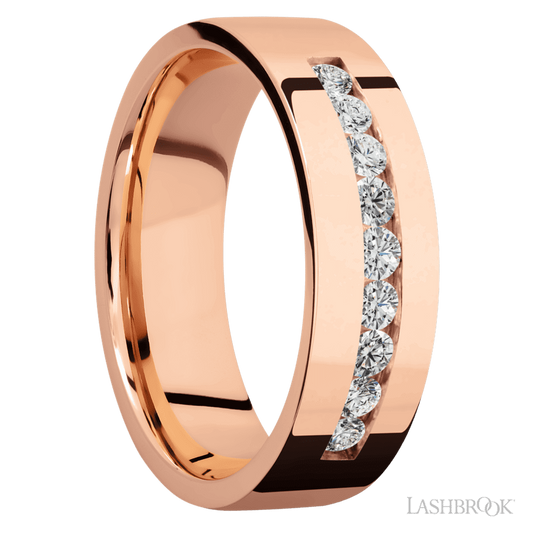 7 mm wide/Flat/14K Rose Gold band with an arrangement of 9, .05 carat Round Diamond stones in a Channel setting.