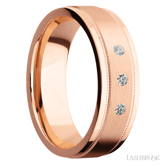 7 mm wide/Flat Stepped Edges Milgrain/14K Rose Gold band with an arrangement of 3, .03 carat Round Diamond stones in a Flush setting.