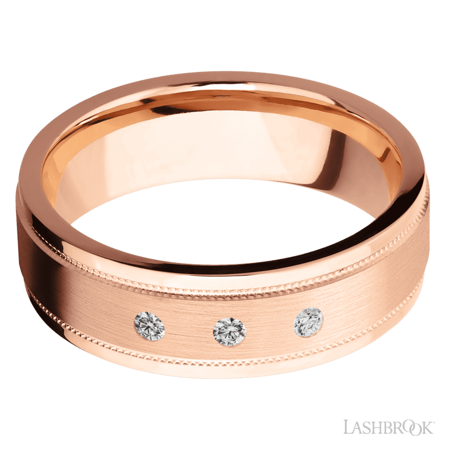 Lashbrook 7mm Flat Stepped Edges Milgrain 14K Rose Gold Wedding Band — Diamond