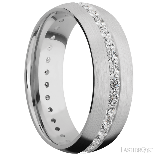 7 mm wide/Domed/14K White Gold band with an Eternity arrangement of .03 carat Round Diamond stones in a Bead Channel setting.