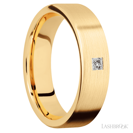 6 mm wide/Flat/14K Yellow Gold band with an arrangement of 1, .1 carat Princess Diamond stones in a Flush setting.