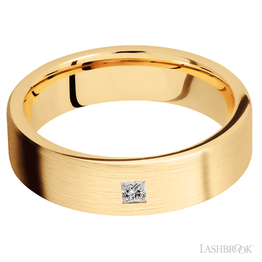 6 mm wide/Flat/14K Yellow Gold band with an arrangement of 1, .1 carat Princess Diamond stones in a Flush setting.