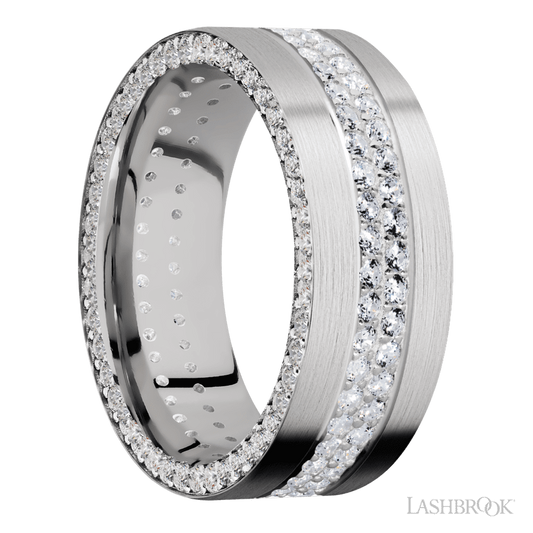 8 mm wide/Flat/14K White Gold band with a Side Eternity arrangement of .01 carat Round Diamond stones in a Bead Channel setting and featuring a a 2 Row Eternity arrangement of .015 carat Round Diamond stones in a Bead Channel setting