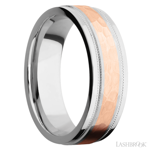 7 mm wide/Flat Stepped Edges Milgrain/Cobalt Chrome band with one 3 mm Centered inlay of 14K Rose Gold.