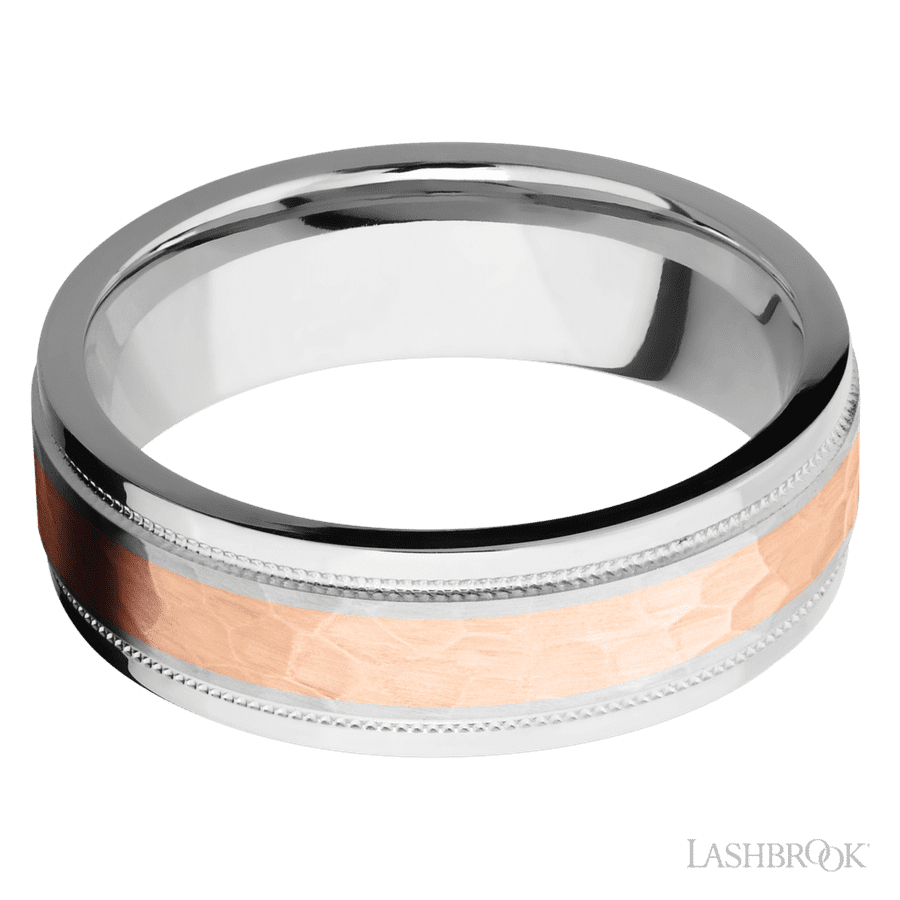 Lashbrook 7mm Flat Stepped Edges Milgrain Cobalt Chrome Wedding Band — 14K Rose Gold Inlay