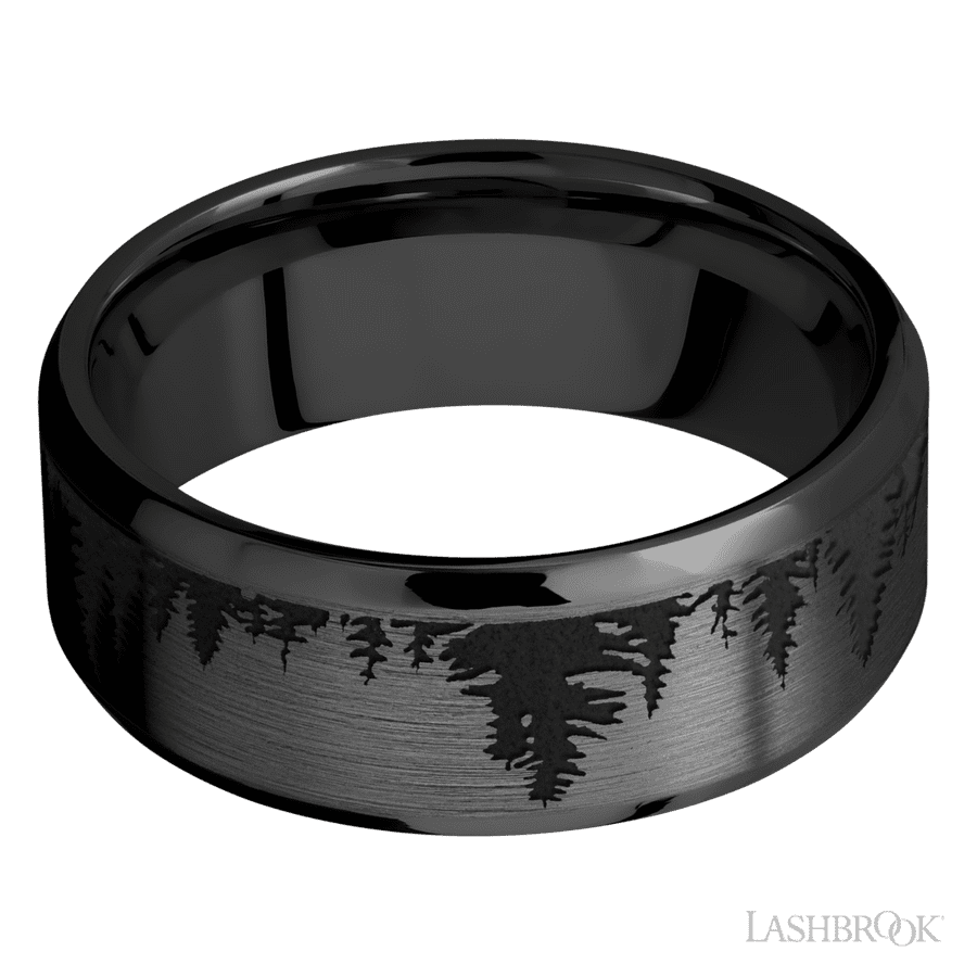 Lashbrook 8mm Beveled Zirconium Wedding Band — Trees Pattern