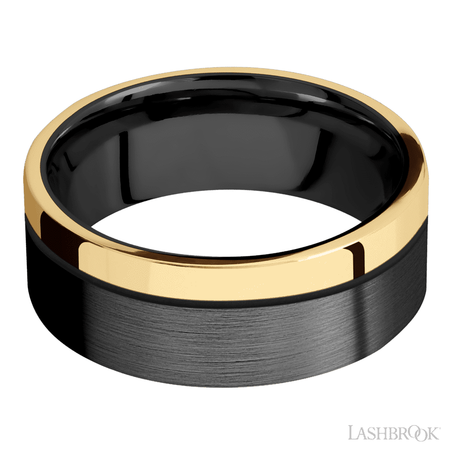 Lashbrook 8mm Flat Zirconium Wedding Band — 14K Yellow Gold Inlay