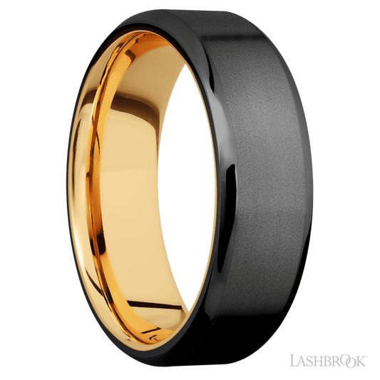 7 mm wide Beveled Zirconium band featuring a 14K Yellow Gold sleeve.
