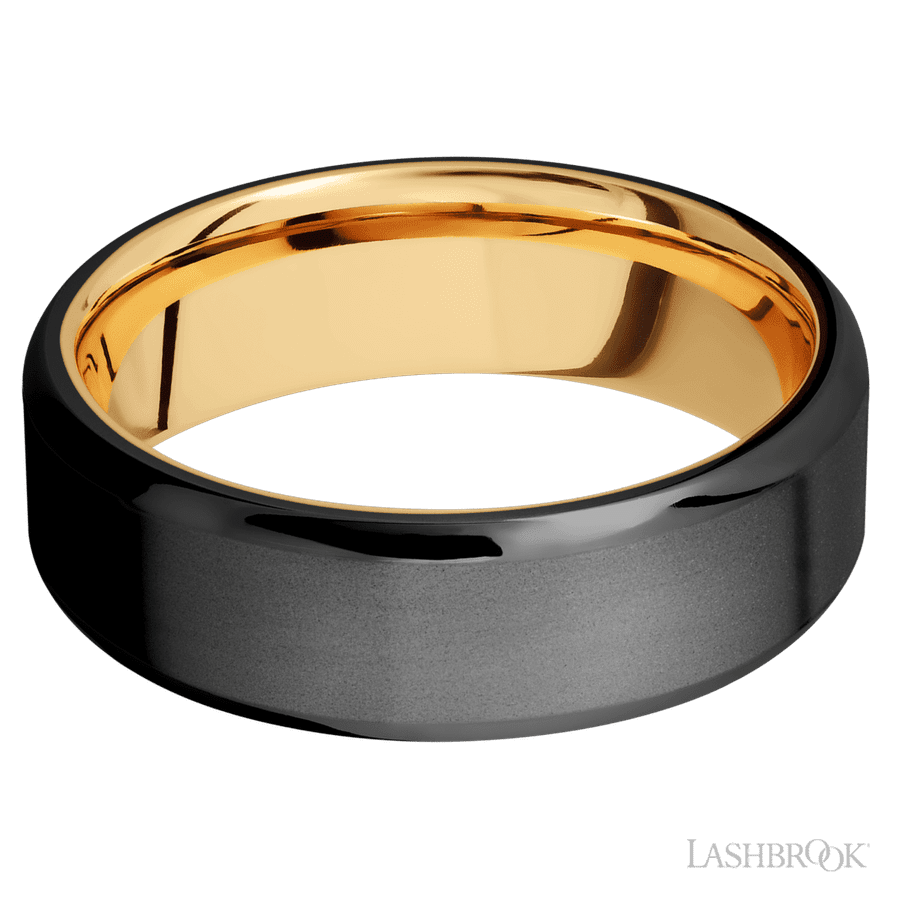 Lashbrook 7mm Beveled Zirconium Wedding Band — 14K Yellow Gold Sleeve