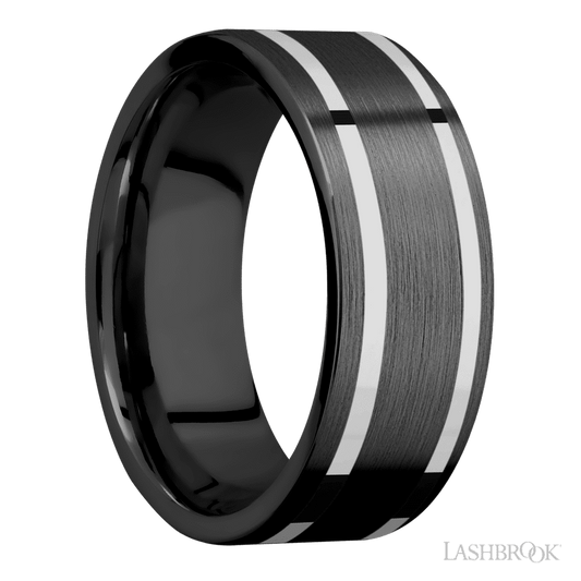 Lashbrook 8mm Flat Zirconium Wedding Band — 14K White Gold Inlay