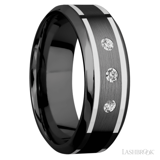 8 mm wide/High Bevel/Zirconium band with two 1 mm Wide inlays of 14K White Gold and featuring an arrangement of 3, .05 carat Round Diamond (ST) stones in a Flush setting