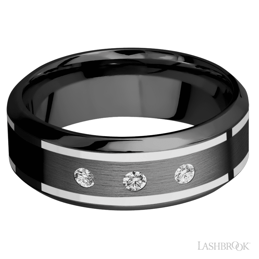 Lashbrook 8mm High Bevel Zirconium Wedding Band — Diamond — Z8HB21W/14KWDIA(ST)3X.05F