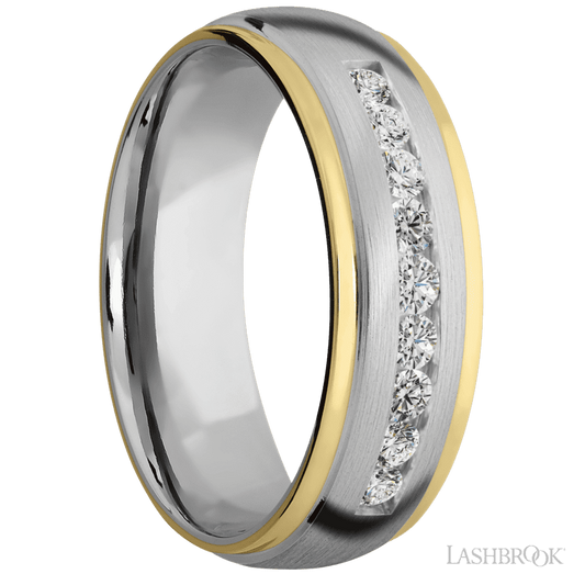 7 mm wide/Domed Stepped Down Edges/Cobalt Chrome band with an arrangement of 9, .05 carat Round Lab Grown Diamond stones in a Channel setting and featuring two 1 mm Edge inlays of 14K Yellow Gold
