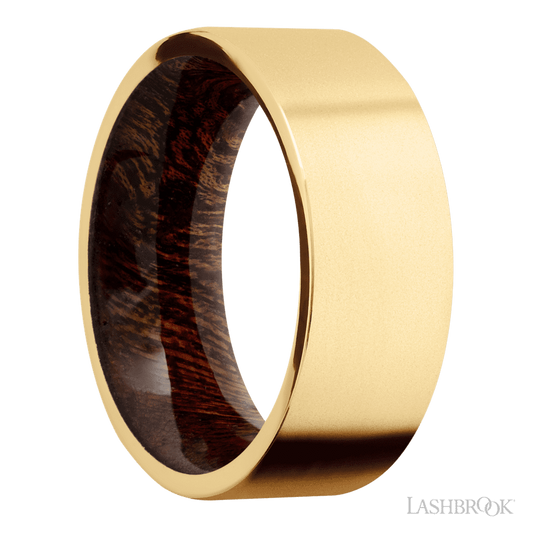 8 mm wide Flat 14K Yellow Gold band featuring a Sapele sleeve.