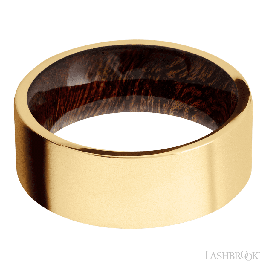 Lashbrook 8mm Flat 14K Yellow Gold Wedding Band — Sapele Sleeve — Bead Finish