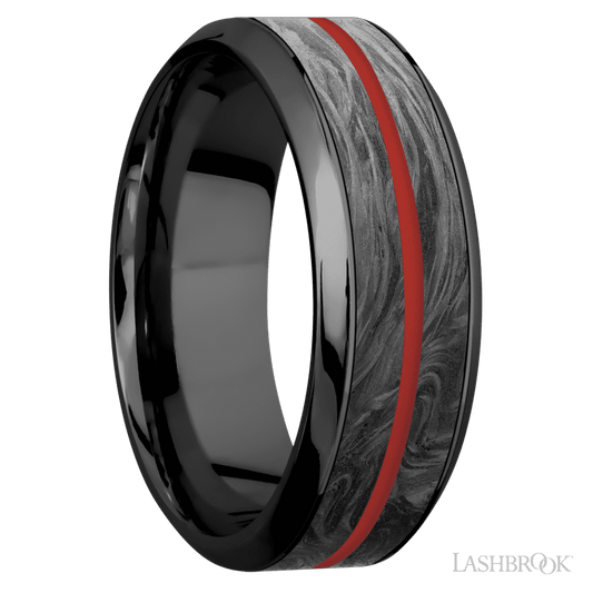 Lashbrook 8mm High Bevel Zirconium Wedding Band — Forged Carbon Fiber and USMC Red Inlay