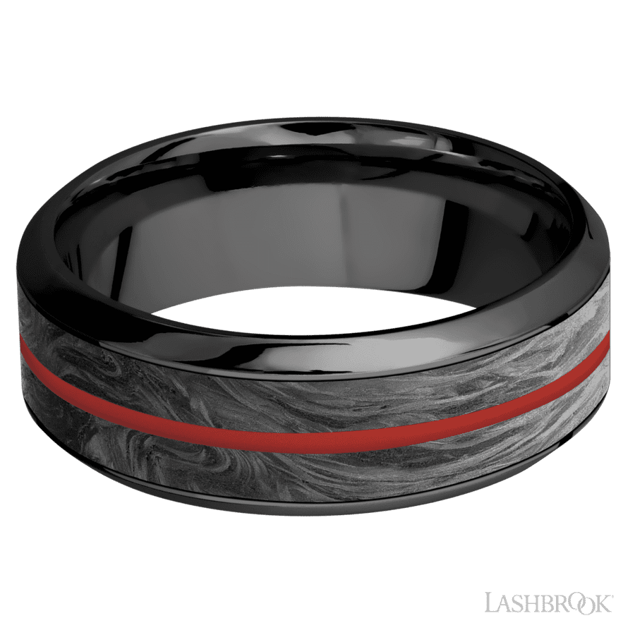 Lashbrook 8mm High Bevel Zirconium Wedding Band — Forged Carbon Fiber and USMC Red Inlay