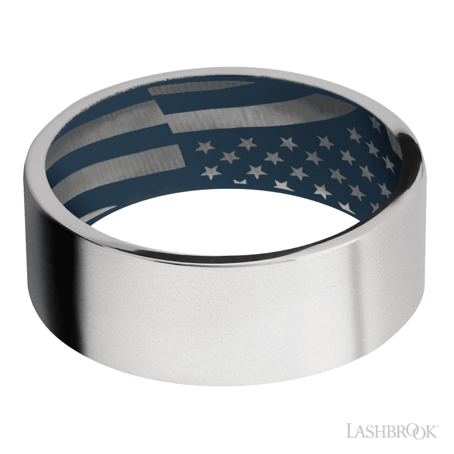 8 mm wide Flat Cobalt Chrome band featuring a Navy Blue sleeve.