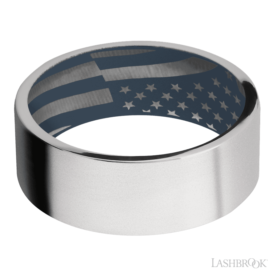 Lashbrook 8mm Flat Cobalt Chrome Wedding Band — Navy Blue Sleeve