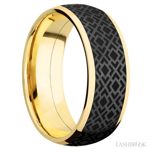 8 mm wide/Domed/14K Yellow Gold band with one 6 mm Centered inlay of Zirconium with a laser carved Trellis 2 pattern.