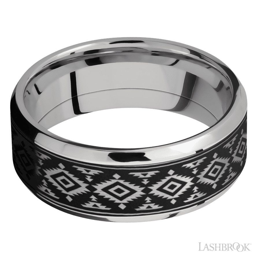 Lashbrook 8mm Beveled Cobalt Chrome Wedding Band — Aztec 2 Pattern