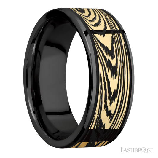 8 mm wide/Flat/Zirconium band with one 6 mm Centered inlay of 14K Yellow Gold with a laser carved Woodgrain pattern.