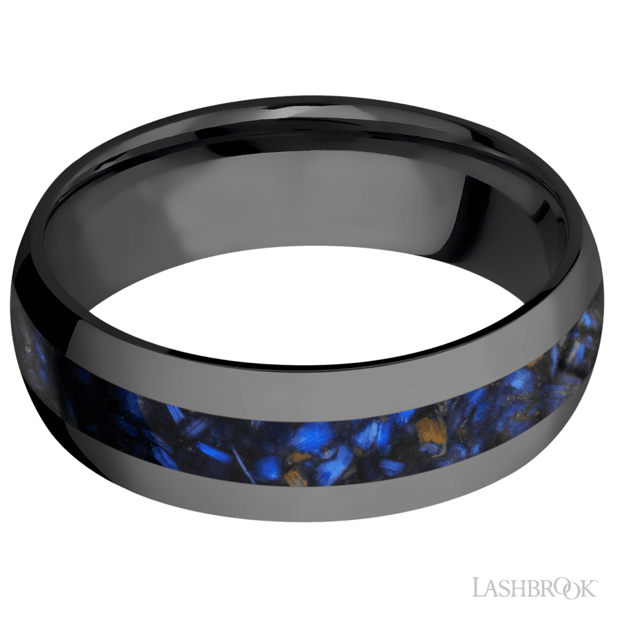 Lashbrook 7mm Domed Zirconium Wedding Band — Blue Tiger Eye Inlay