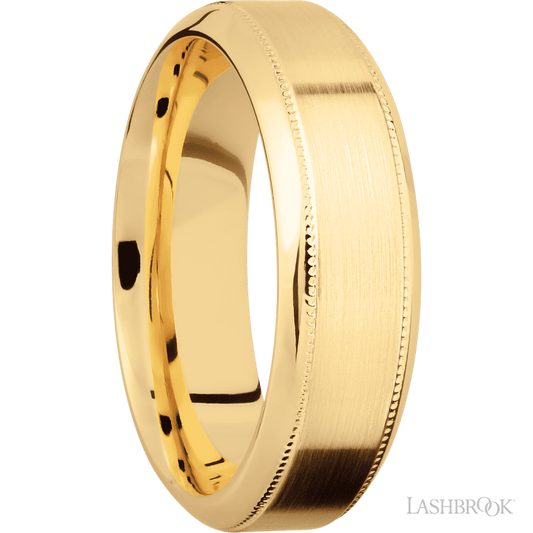 7 mm wide High Bevel Milgrain 14K Yellow Gold band.