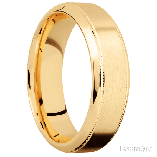 7 mm wide High Bevel Milgrain 14K Yellow Gold band.
