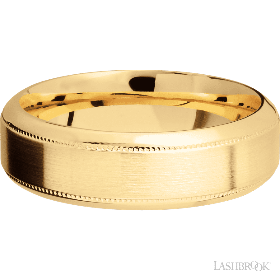 7 mm wide High Bevel Milgrain 14K Yellow Gold band.