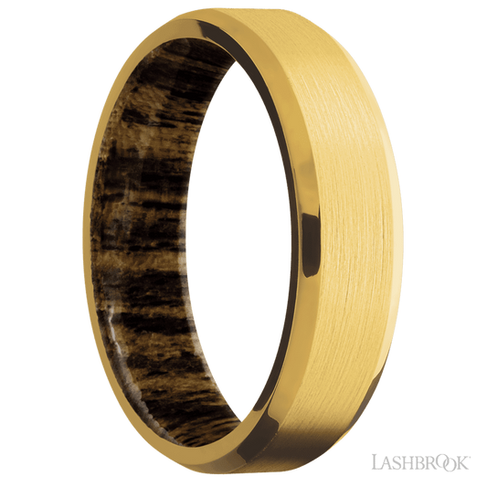 6 mm wide Beveled 18K Yellow Gold band featuring a Bocote sleeve.