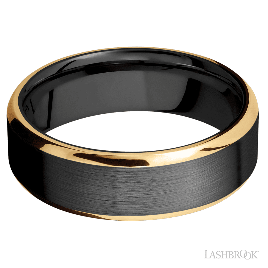 Lashbrook 7mm Beveled Zirconium Wedding Band — 14K Yellow Gold Inlay