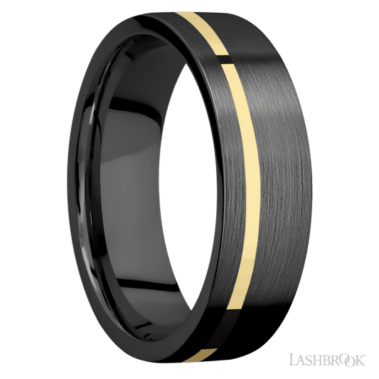 7 mm wide/Flat/Zirconium band with one 1 mm Off Center inlay of 14K Yellow Gold.