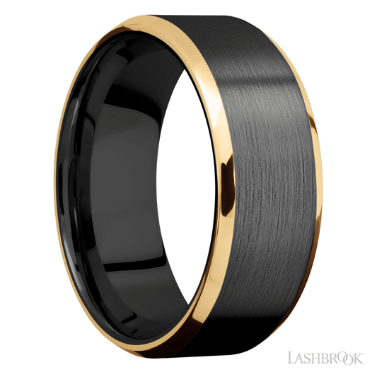 8 mm wide/Beveled/Zirconium band with two 1 mm Edge inlays of 14K Yellow Gold.