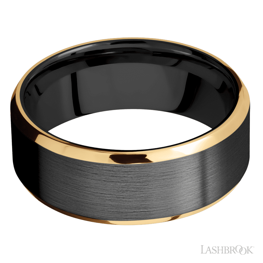 Lashbrook 8mm Beveled Zirconium Wedding Band — 14K Yellow Gold Inlay — Z8B21EDGE(NS)/14KY