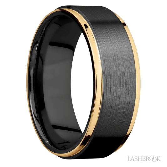8 mm wide/Flat Grooved Edges/Zirconium band with two 1 mm Edge inlays of 14K Yellow Gold.