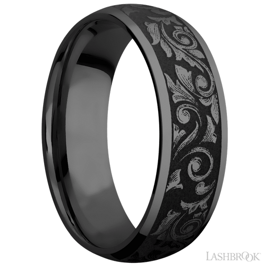 Lashbrook 7mm Domed Zirconium Wedding Band — Western Scroll Pattern — Z7D/LCVWESTERNSCROLL/A