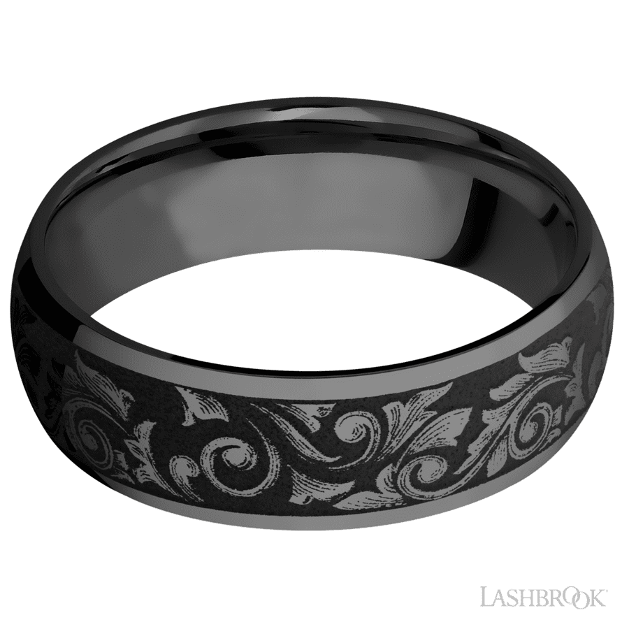 Lashbrook 7mm Domed Zirconium Wedding Band — Western Scroll Pattern — Z7D/LCVWESTERNSCROLL/A